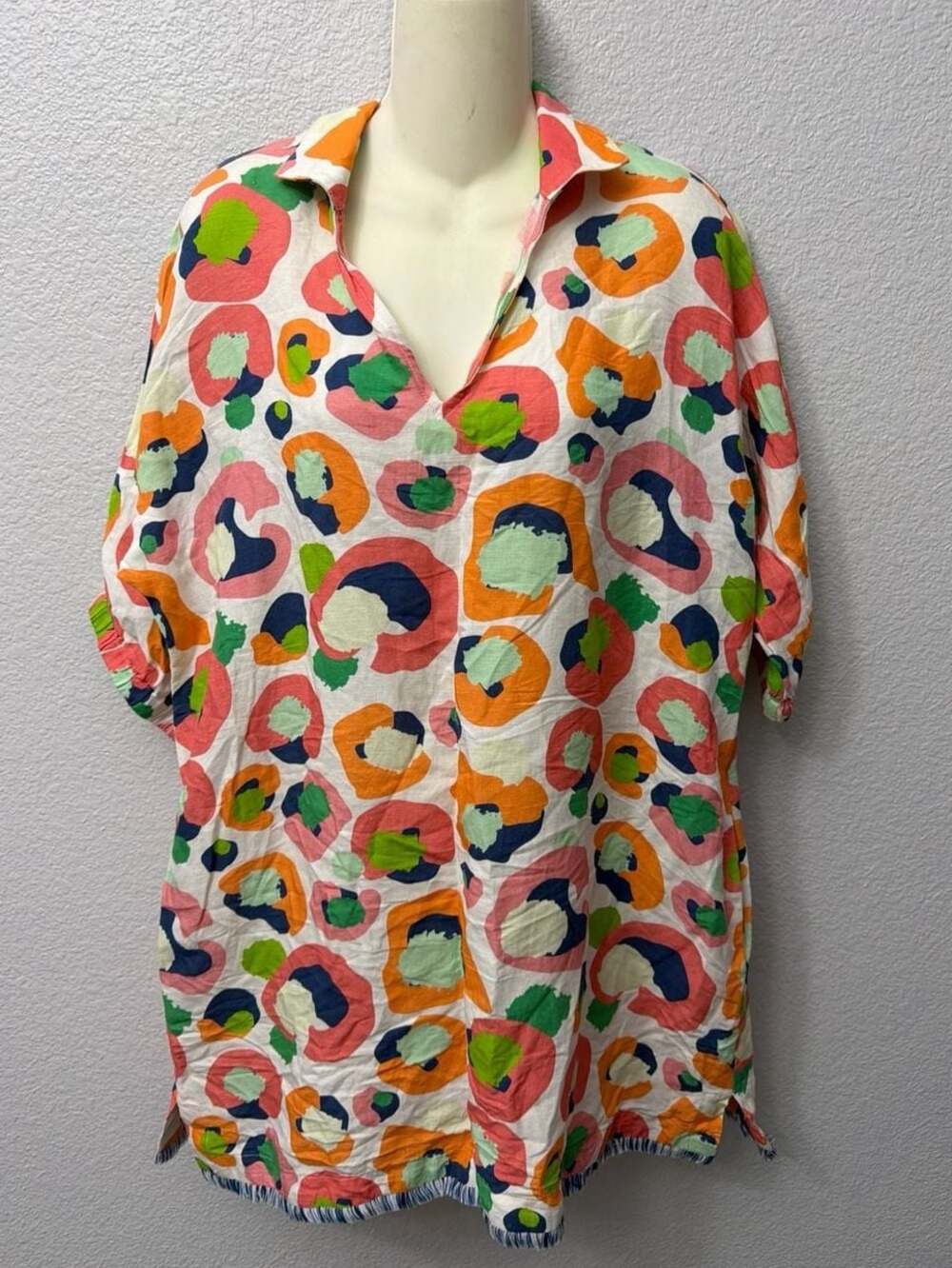 Emily McCarthy Abstract Leopard Print V-Neck Linen Tunic Dress with Frayed Hem